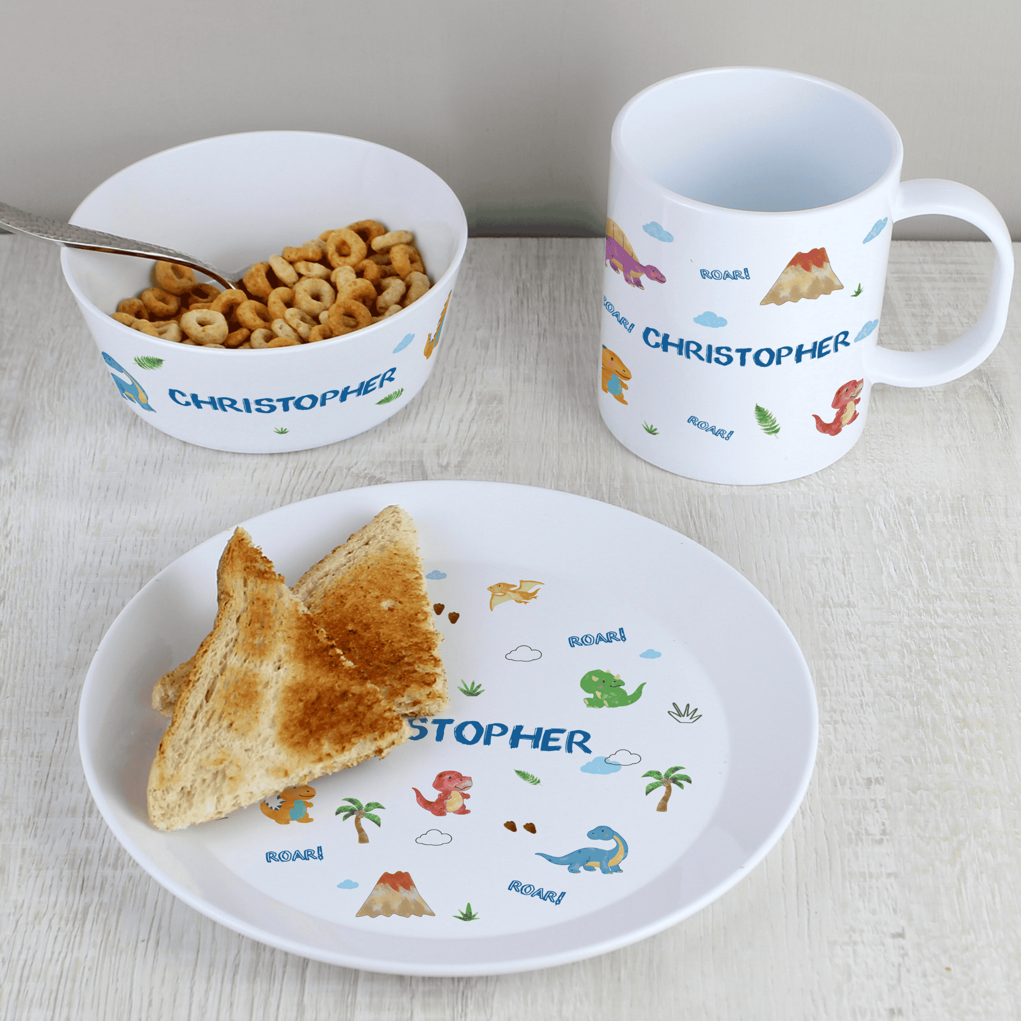personalised dinosaur breakfast set each name is personalised with the same name