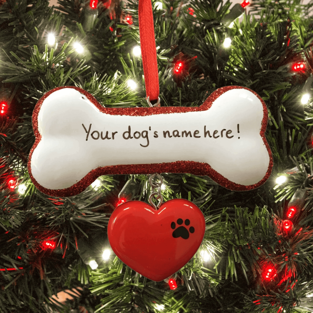 personalised dog bone with heart christmas tree decoration