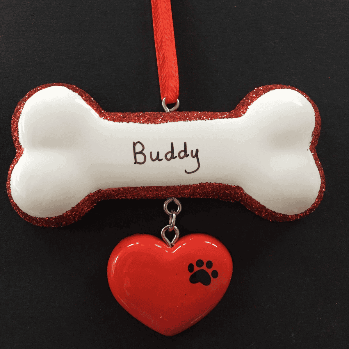 personalised dog bone with heart christmas tree decoration