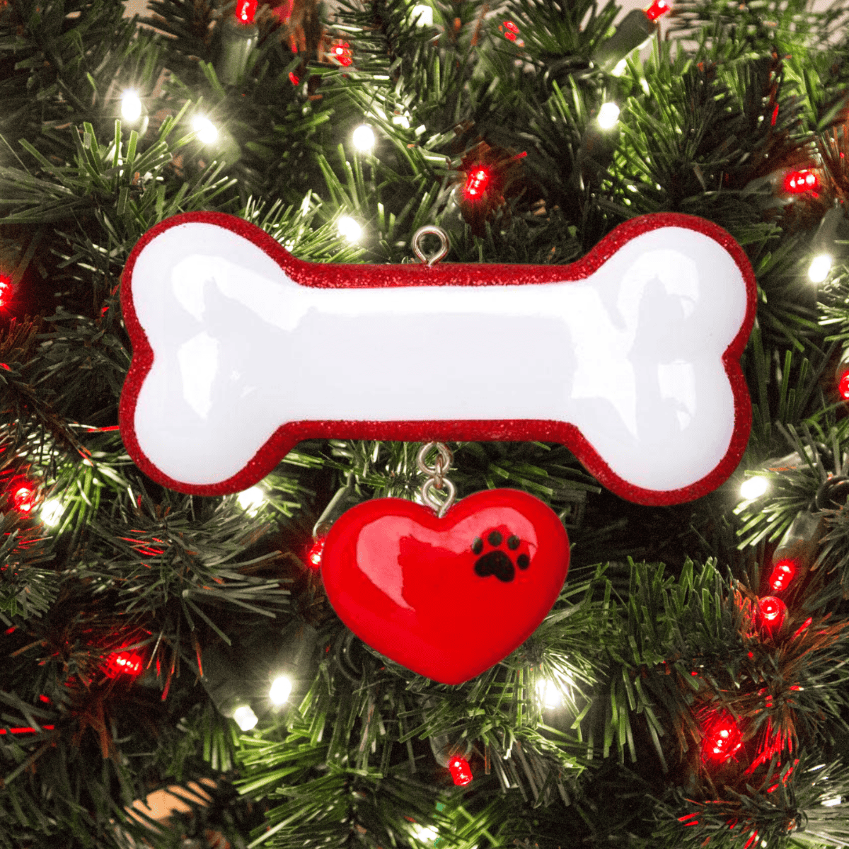 personalised dog bone with heart christmas tree decoration