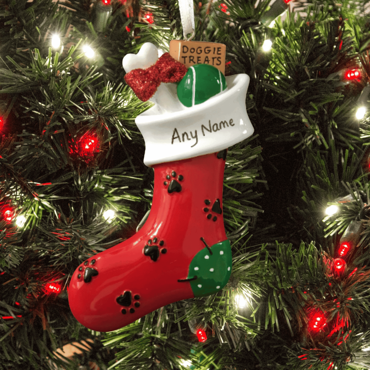 personalised dog stocking christmas tree decoration showing that the dog's name can be personalised on the white part of the red stocking