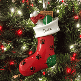 personalised dog stocking christmas tree decoration showing that the dog's name can be personalised on the white part of the red stocking