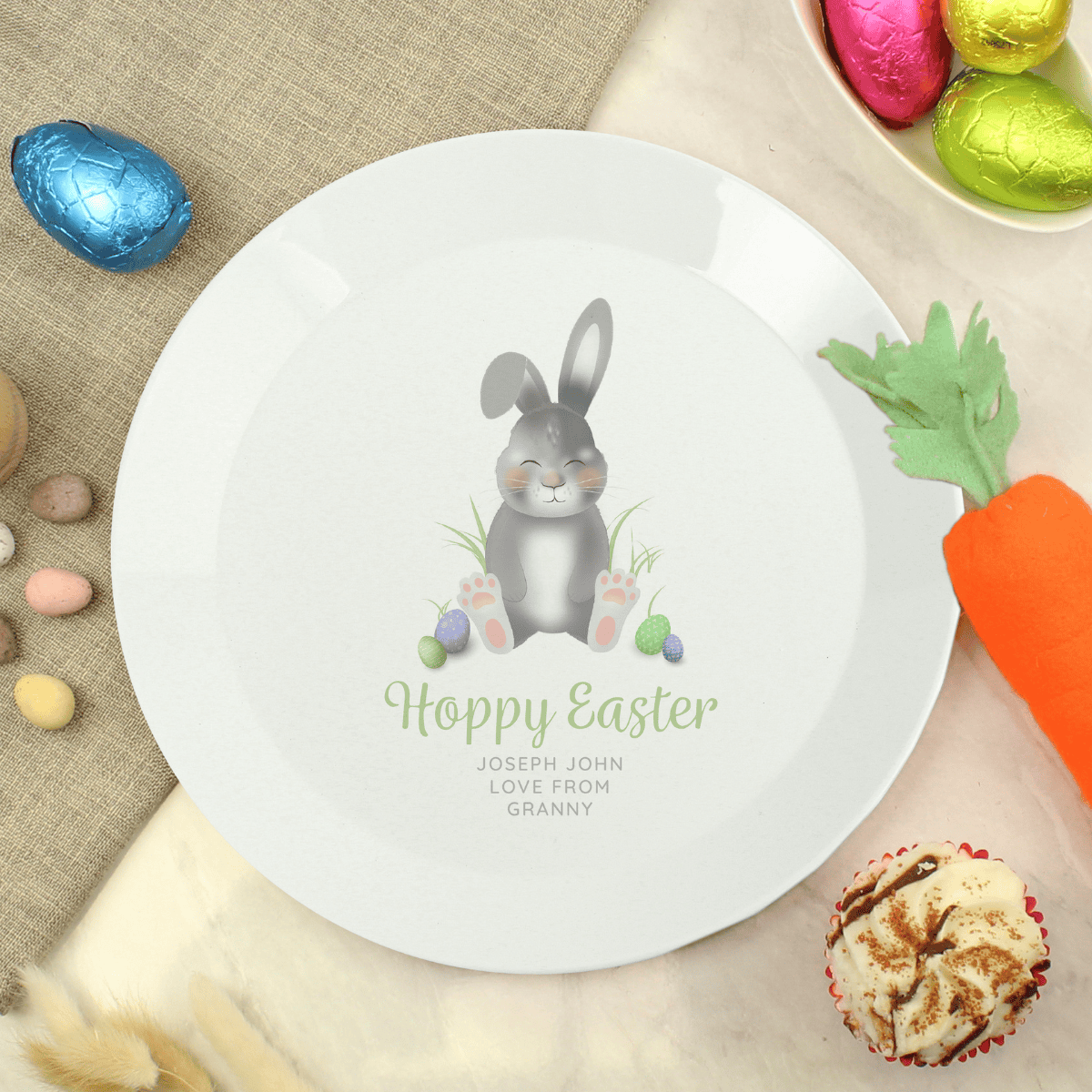 personalised easter bunny plate with a bunny in the centre and the personalisation underneath the image