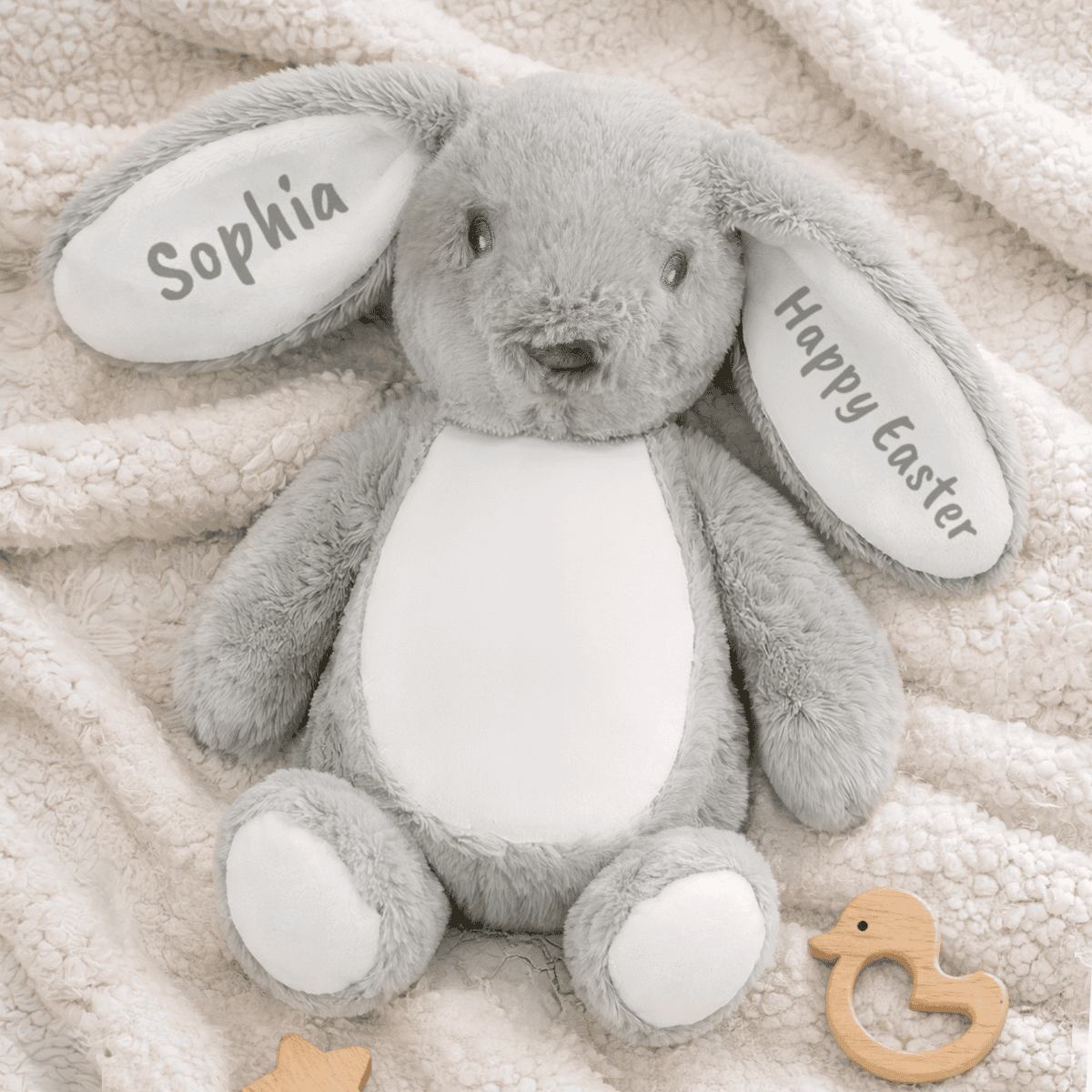 personalised soft toy bunny showing the personalisation on the tummy
