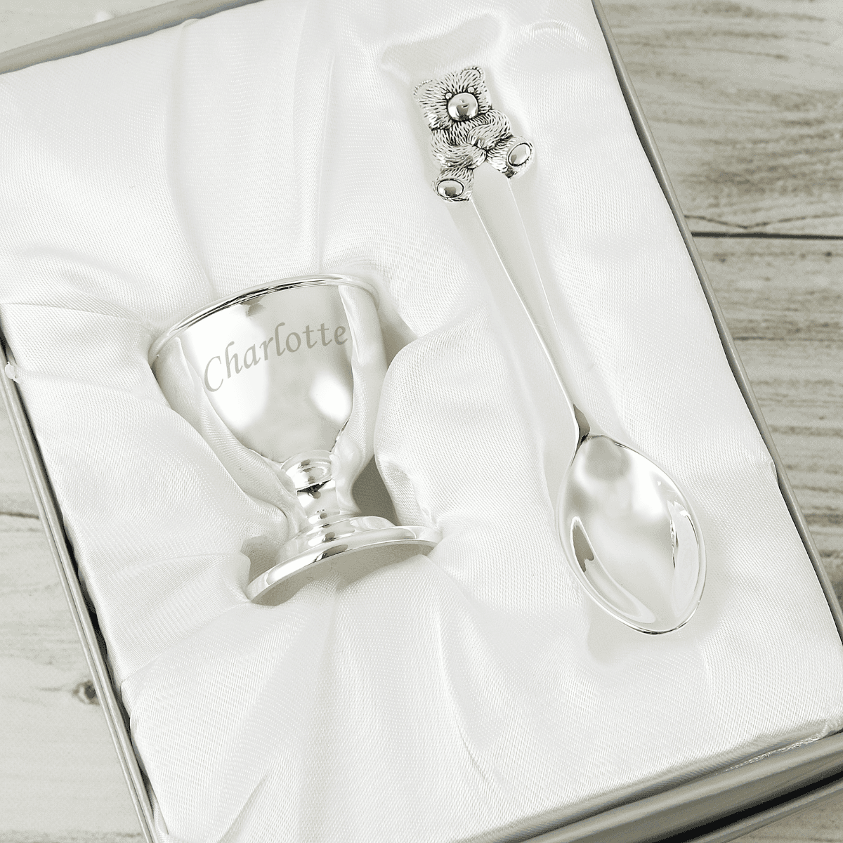 personalised silver egg cup and spoon keepsake gift in a presentation box