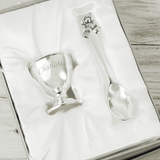 personalised silver egg cup and spoon keepsake gift in a presentation box