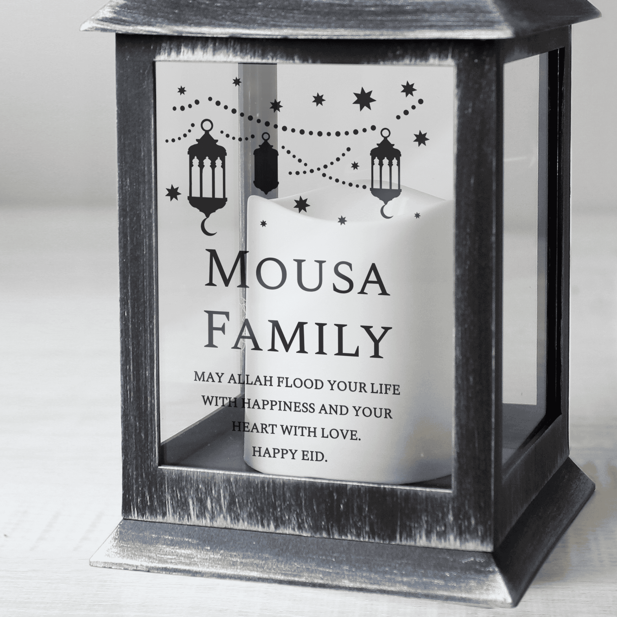 personalised black Eid and Ramadan black indoor lantern with any message over 6 lines