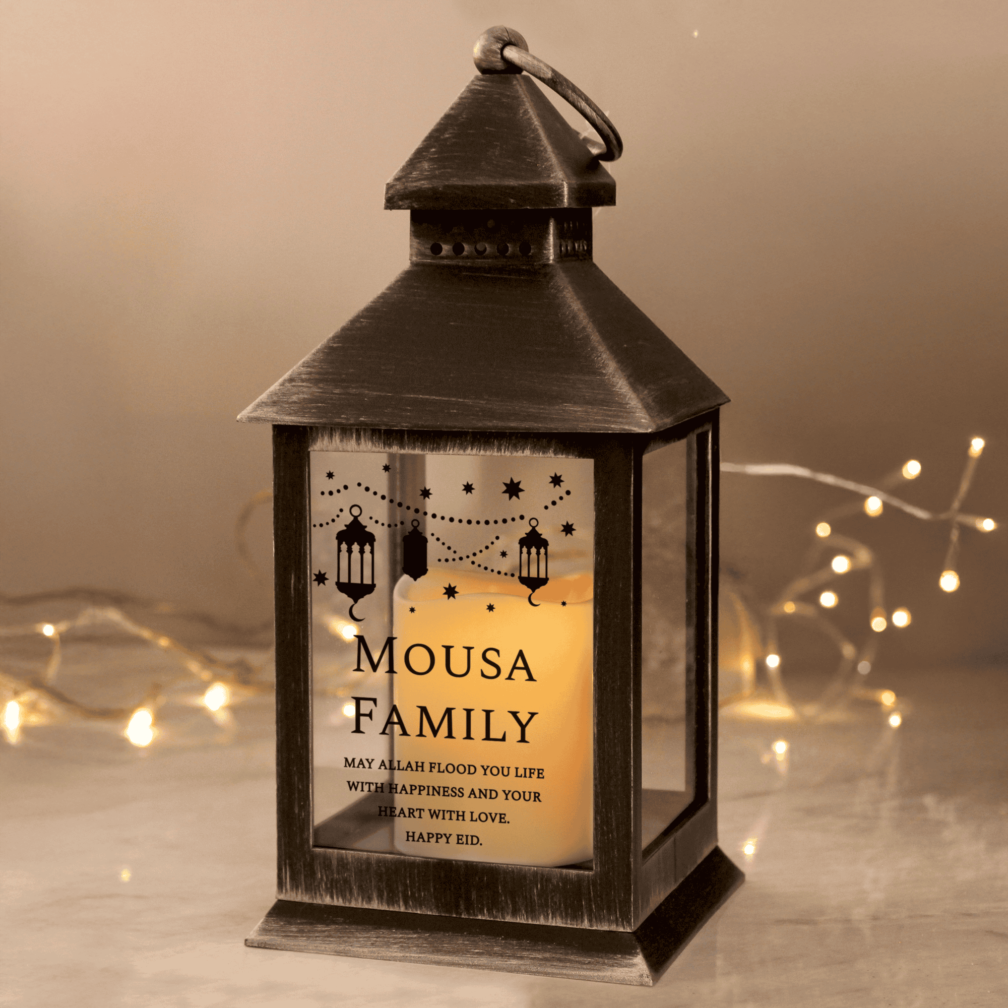 personalised black Eid and Ramadan black indoor lantern with any message over 6 lines