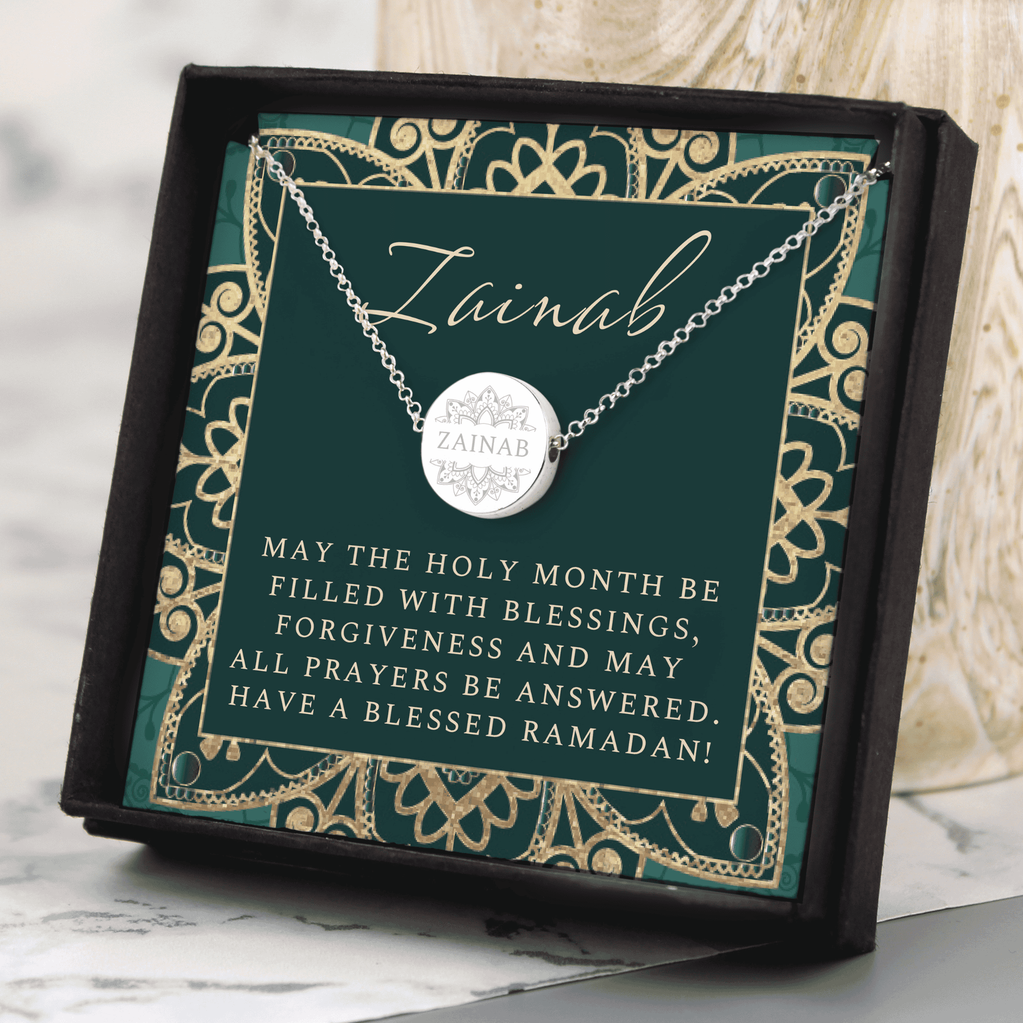 Personalised Sentiment Eid and Ramadan Disc Necklace and Box