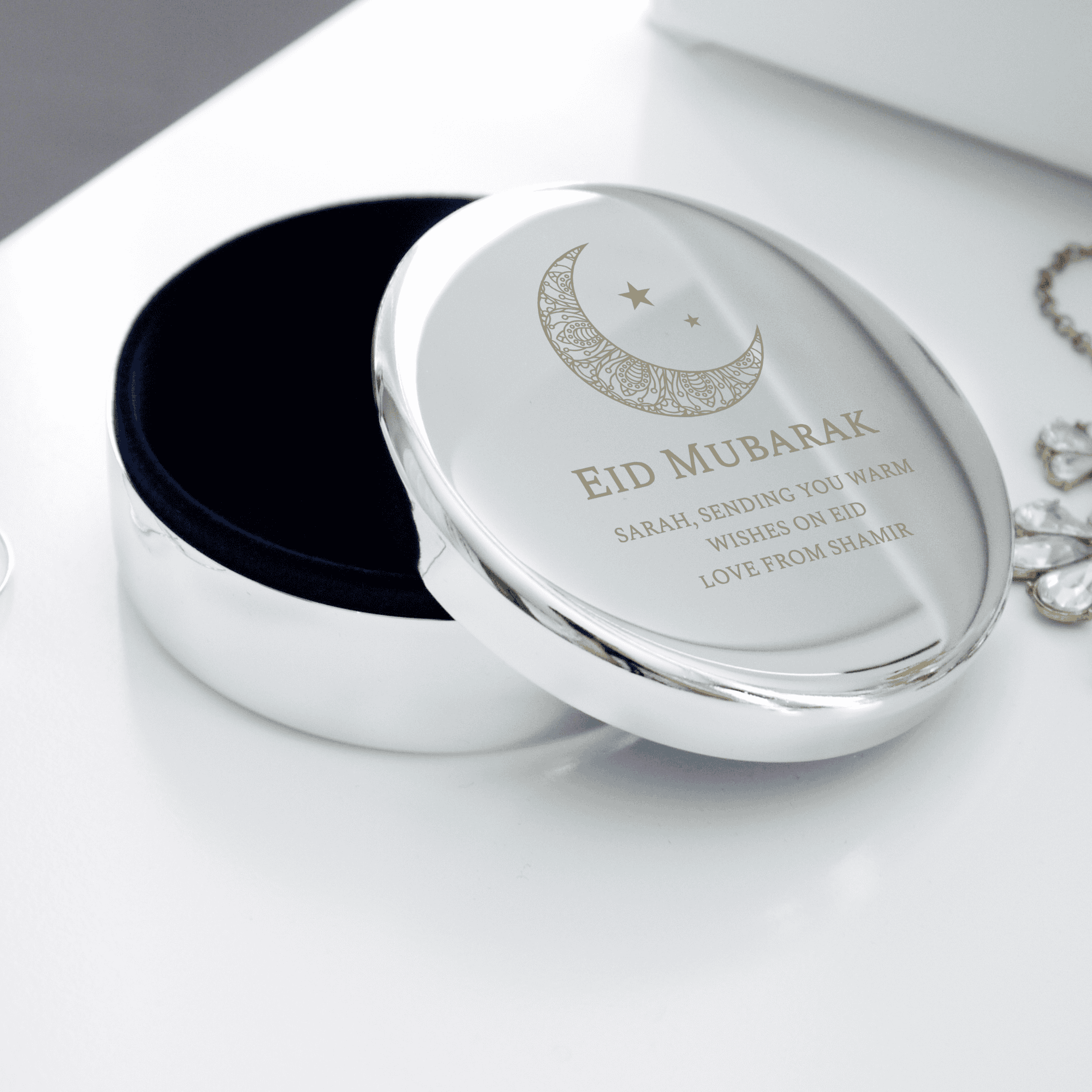 personalised eid and ramadan round trinket box with any name and a message over 3 lines engraved on the lid