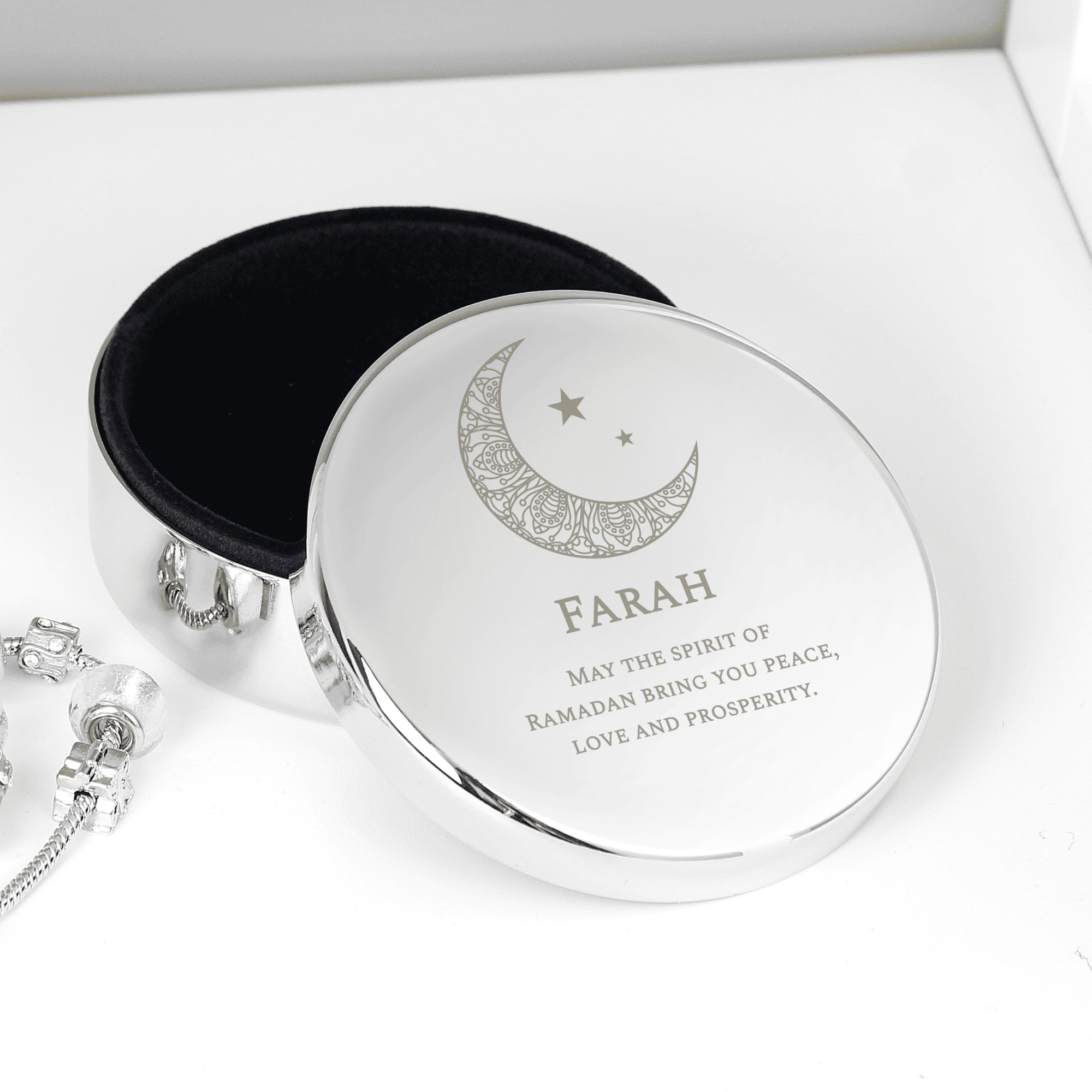 personalised eid and ramadan round trinket box with any name and a message over 3 lines engraved on the lid