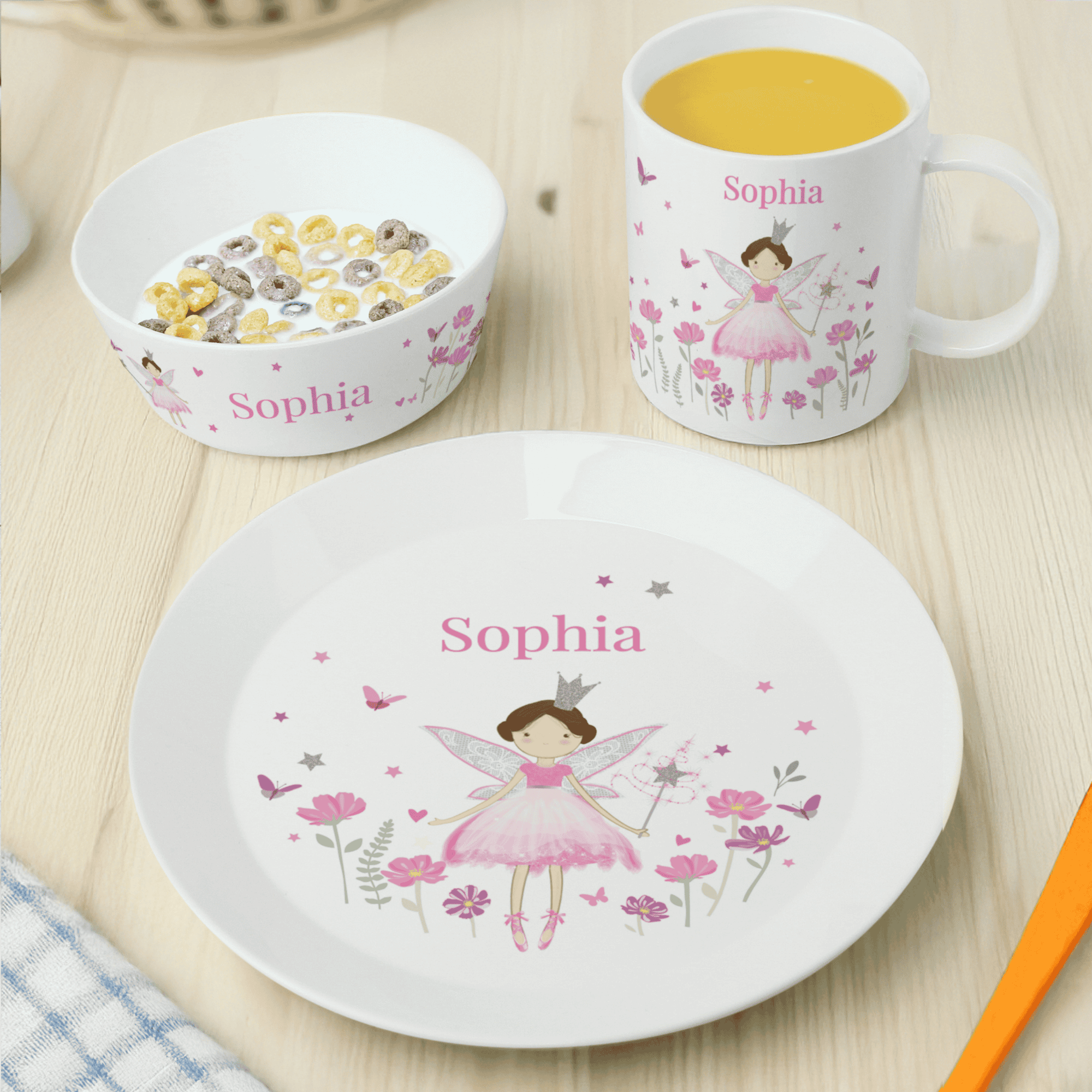 personalised fairy breakfast set the same name on the plate, bowl and mug