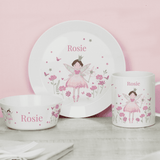 personalised fairy breakfast set the same name on the plate, bowl and mug