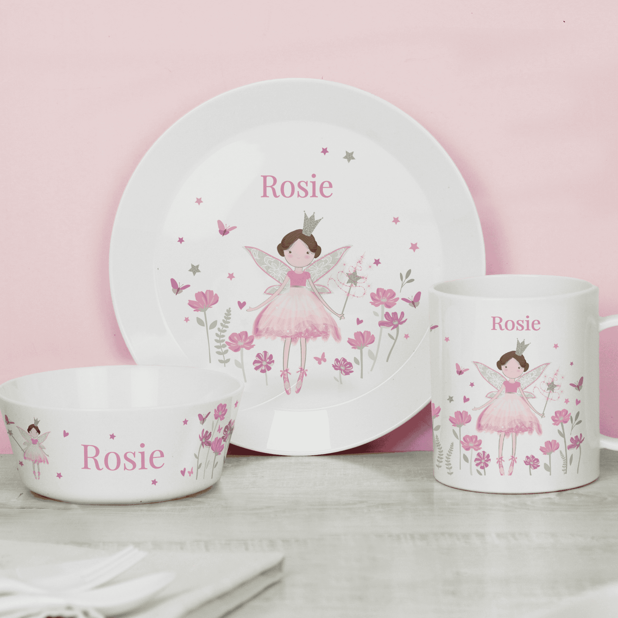 personalised fairy breakfast set the same name on the plate, bowl and mug