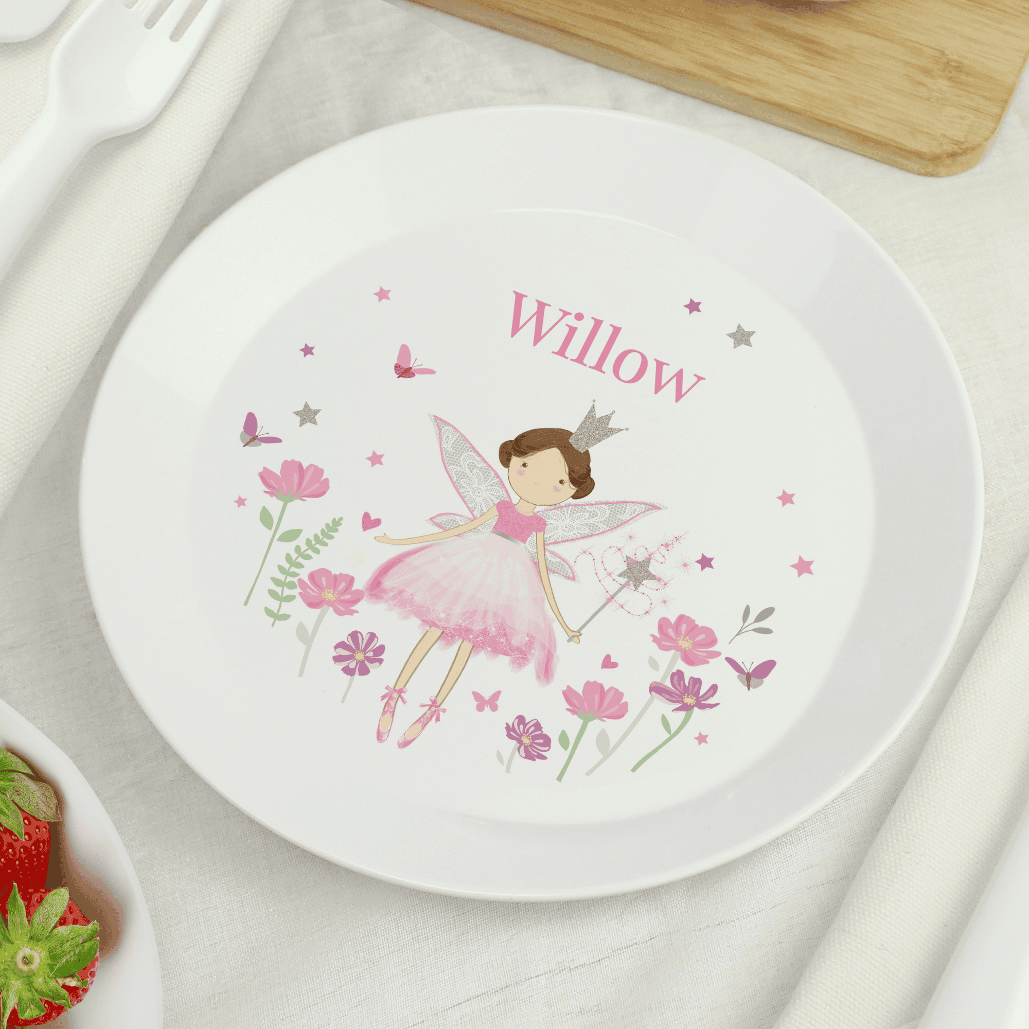 personalised fairy princess plastic plate with any name personalised above the fairy design