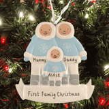 family of 3 personalised chirstmas tree decoration on a christmas tree background