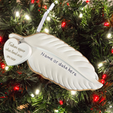 personalised white feather hanging decoration showing the message on the heart