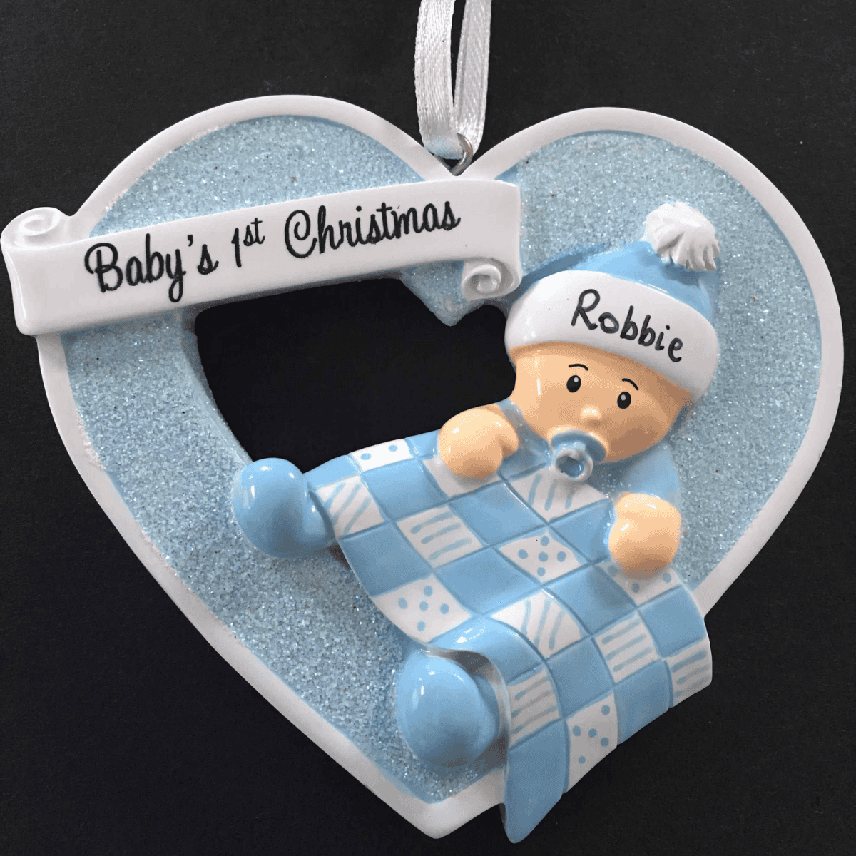 personalised baby boy heart tree decoration for their first Christmas