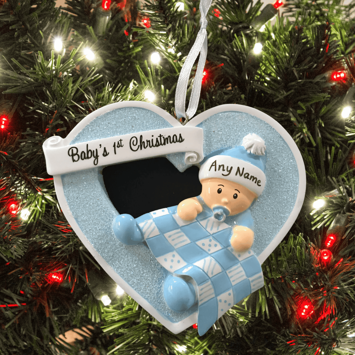 personalised baby boy heart tree decoration for their first Christmas