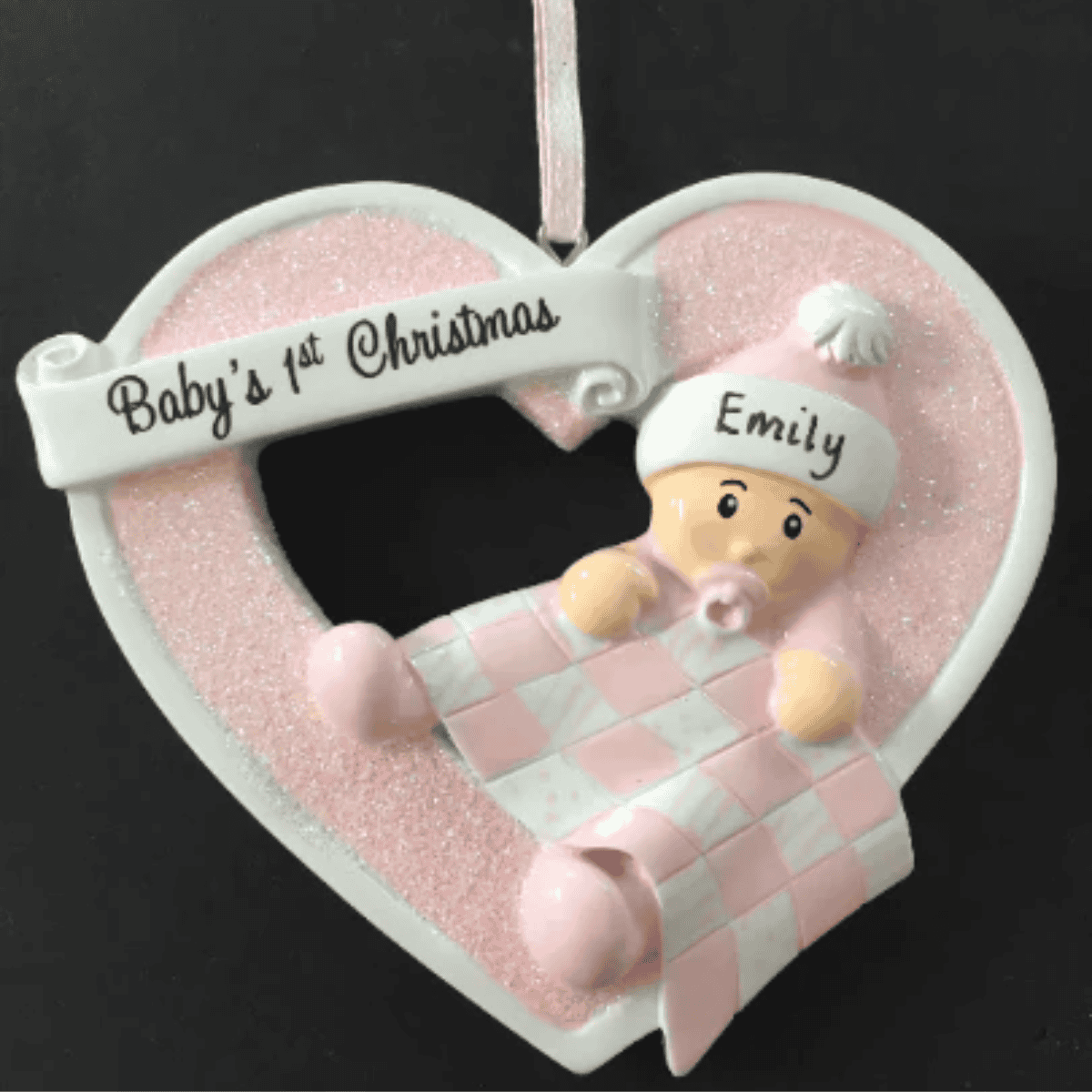 personalised christmas tree decoration for a baby girl with a pink heart