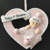 personalised christmas tree decoration for a baby girl with a pink heart