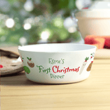 personalised first christmas plastic bowl with any name personalised on the side of the bowl