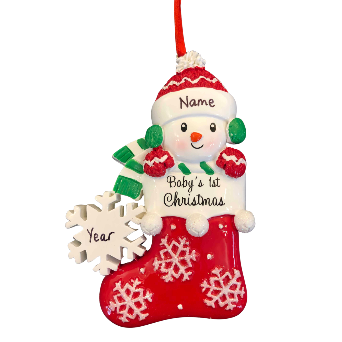 personalised first christmas red snowman tree decoration