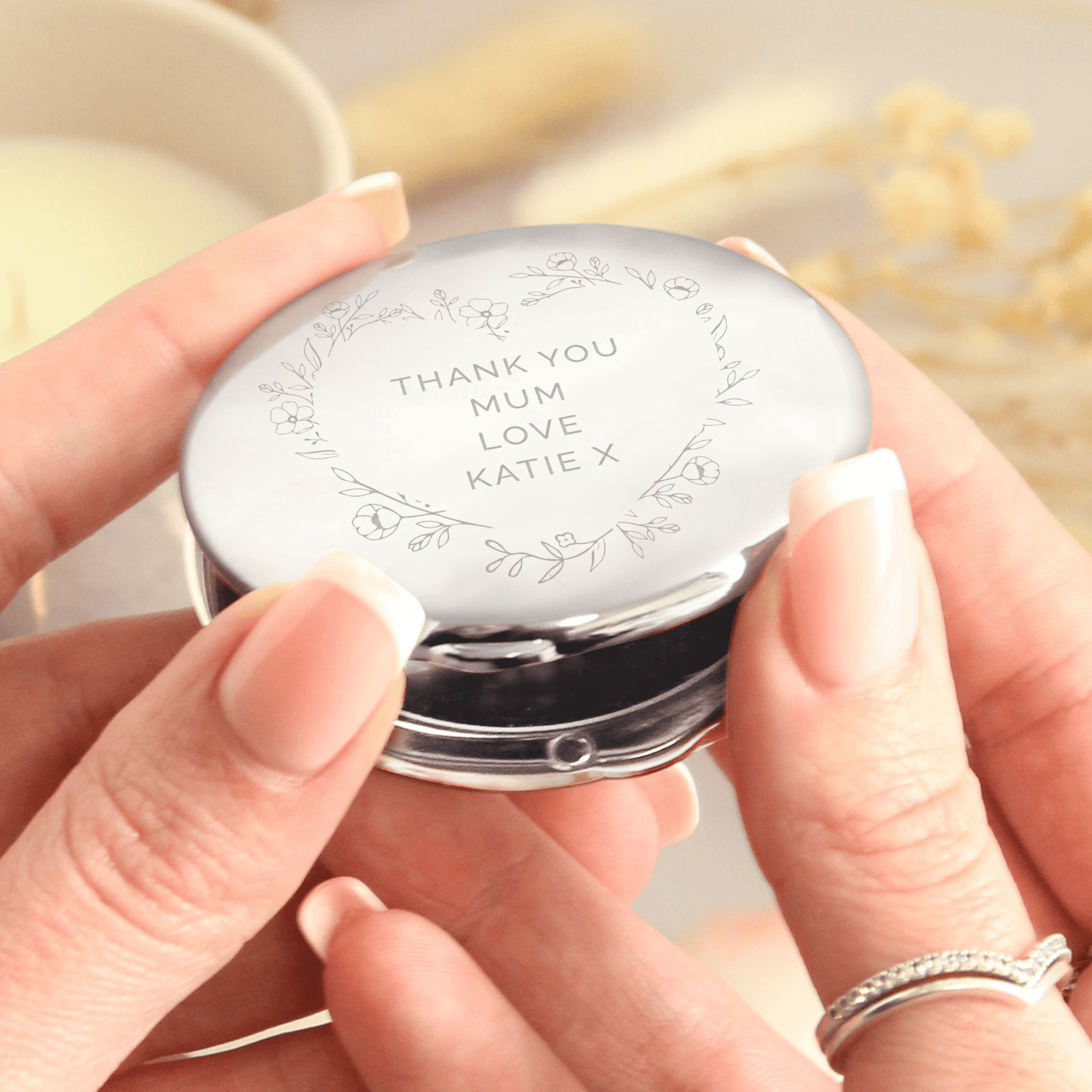 personalised floral heart compact mirror engraved with any message over  4 lines
