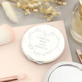 personalised floral heart compact mirror engraved with any message over  4 lines