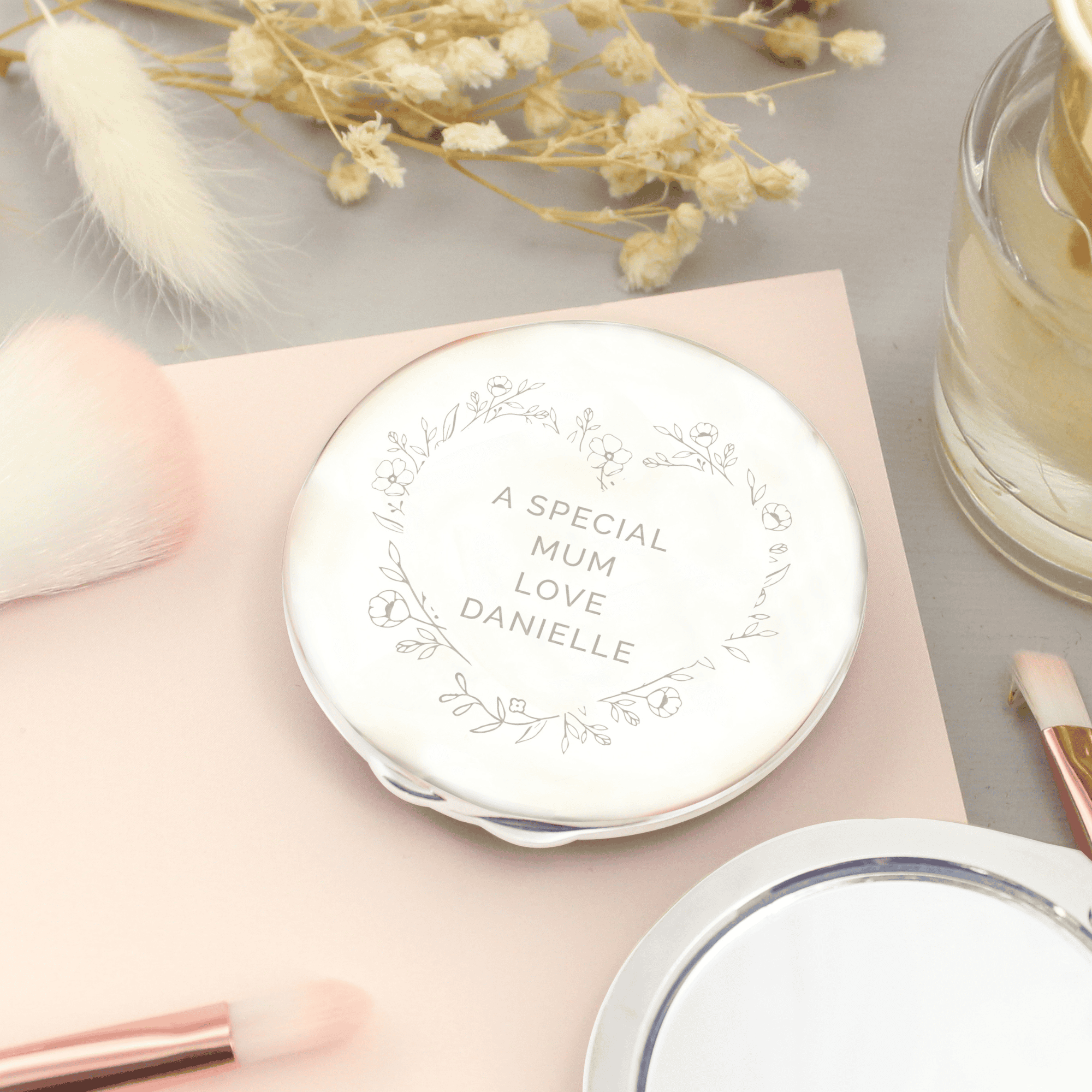 personalised floral heart compact mirror engraved with any message over  4 lines
