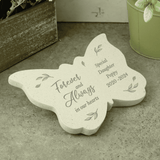 butterfly memorial stone with  the message forever and always in our hearts on the left wing and any message engraved over 4 lines on the right wing
