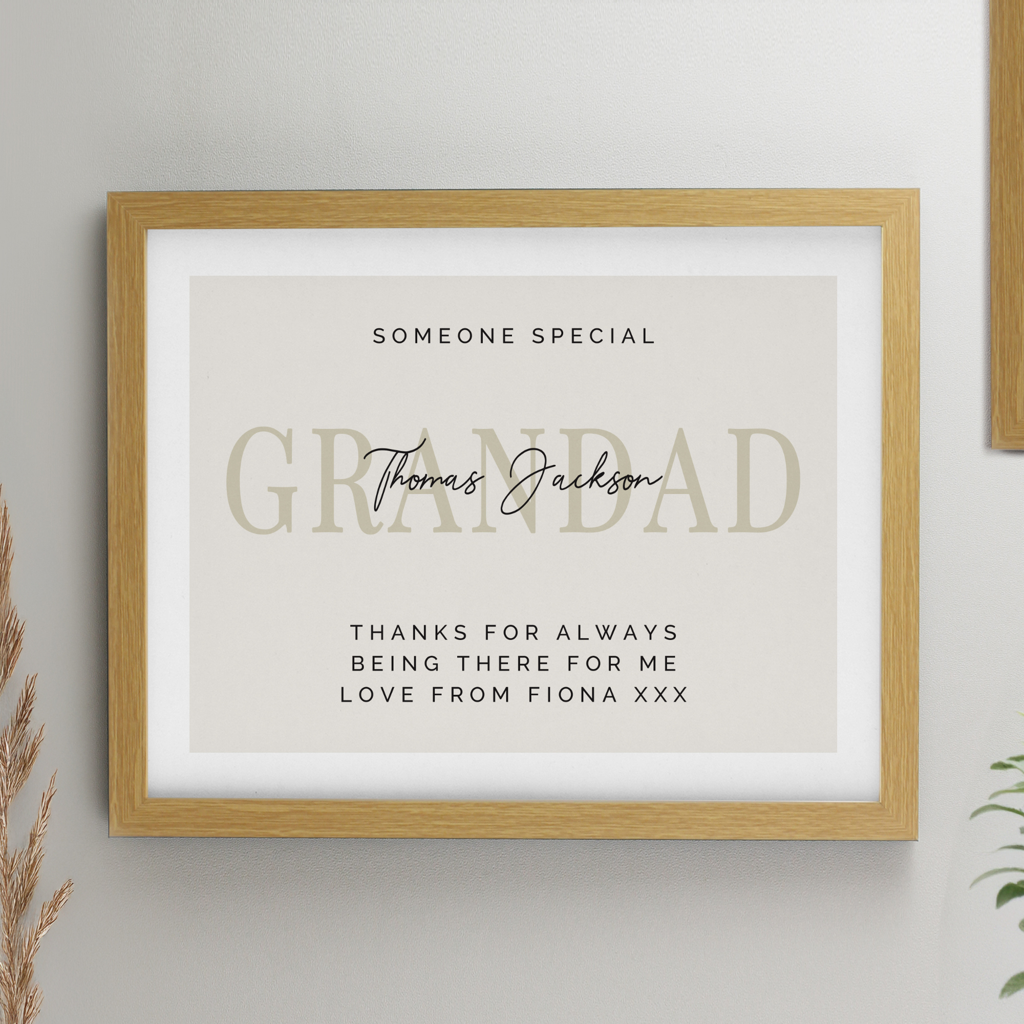 personalised free text oak frame with a name or role in large font and a message underneath