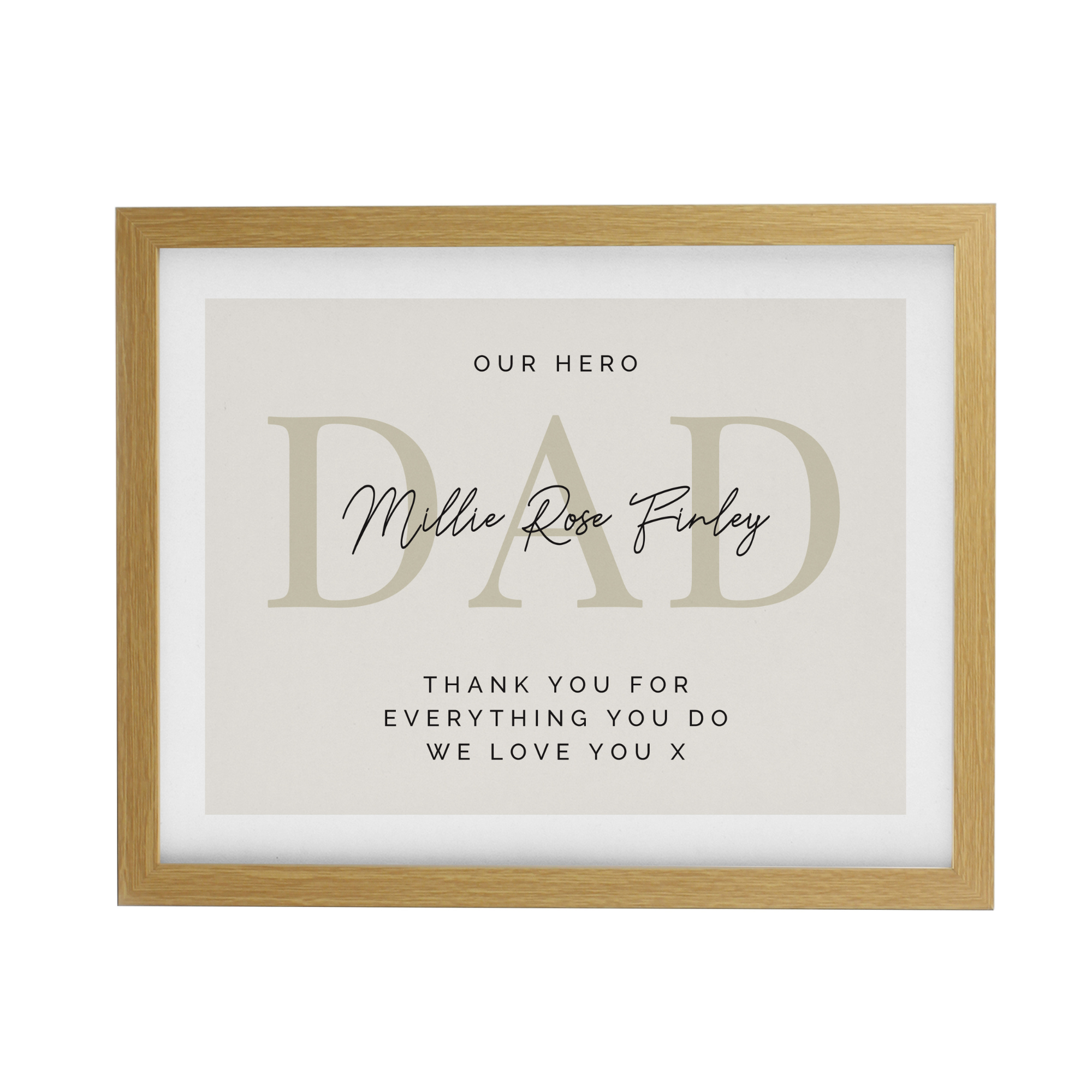 personalised free text oak frame with a name or role in large font and a message underneath