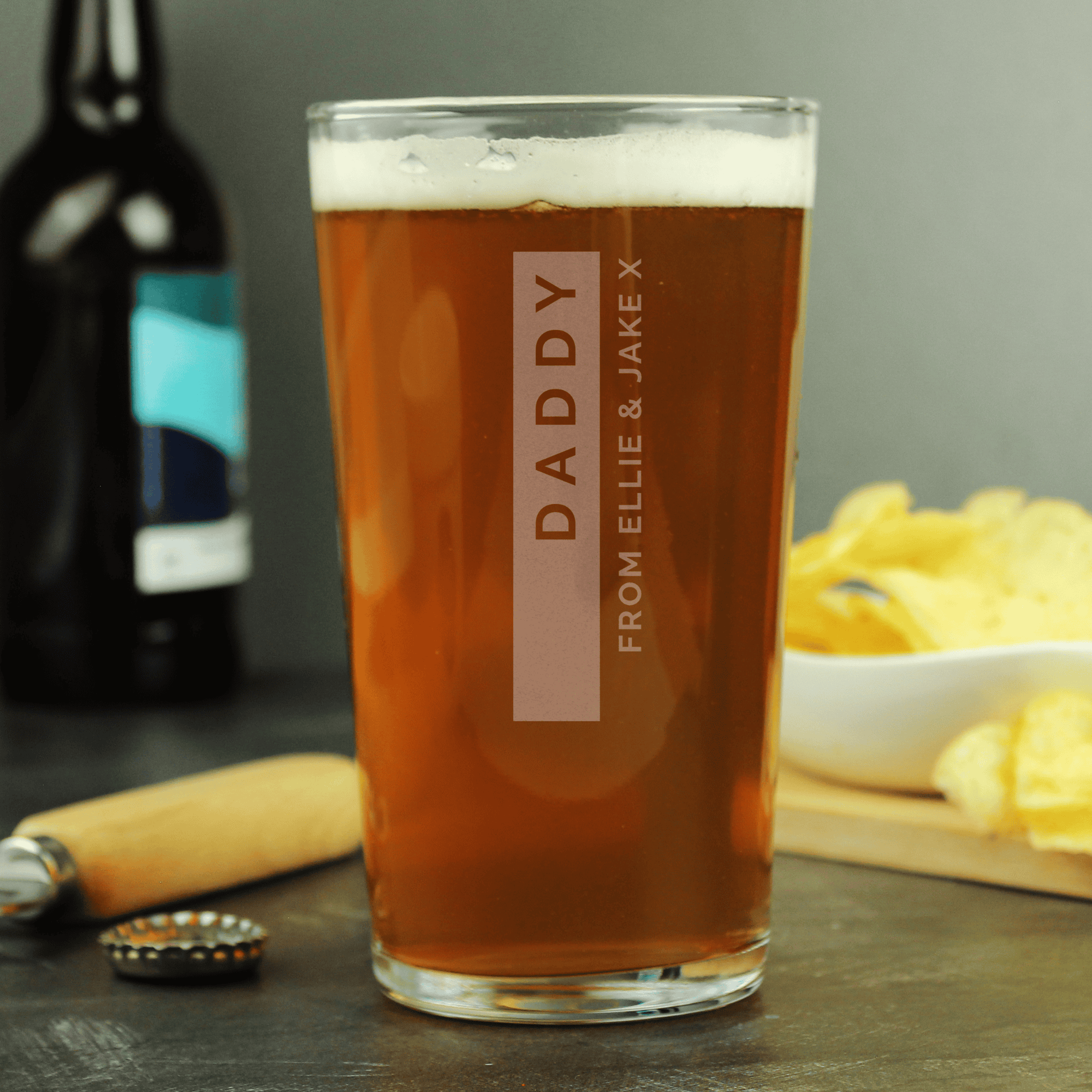 personalised free text pint glass and name and message will go up and down on the glass