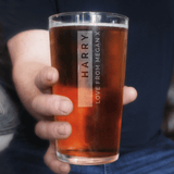 personalised free text pint glass and name and message will go up and down on the glass