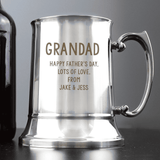 engraved steel tankard personalised with a name in larger font and a message over 4 lines on the front