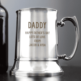 engraved steel tankard personalised with a name in larger font and a message over 4 lines on the front