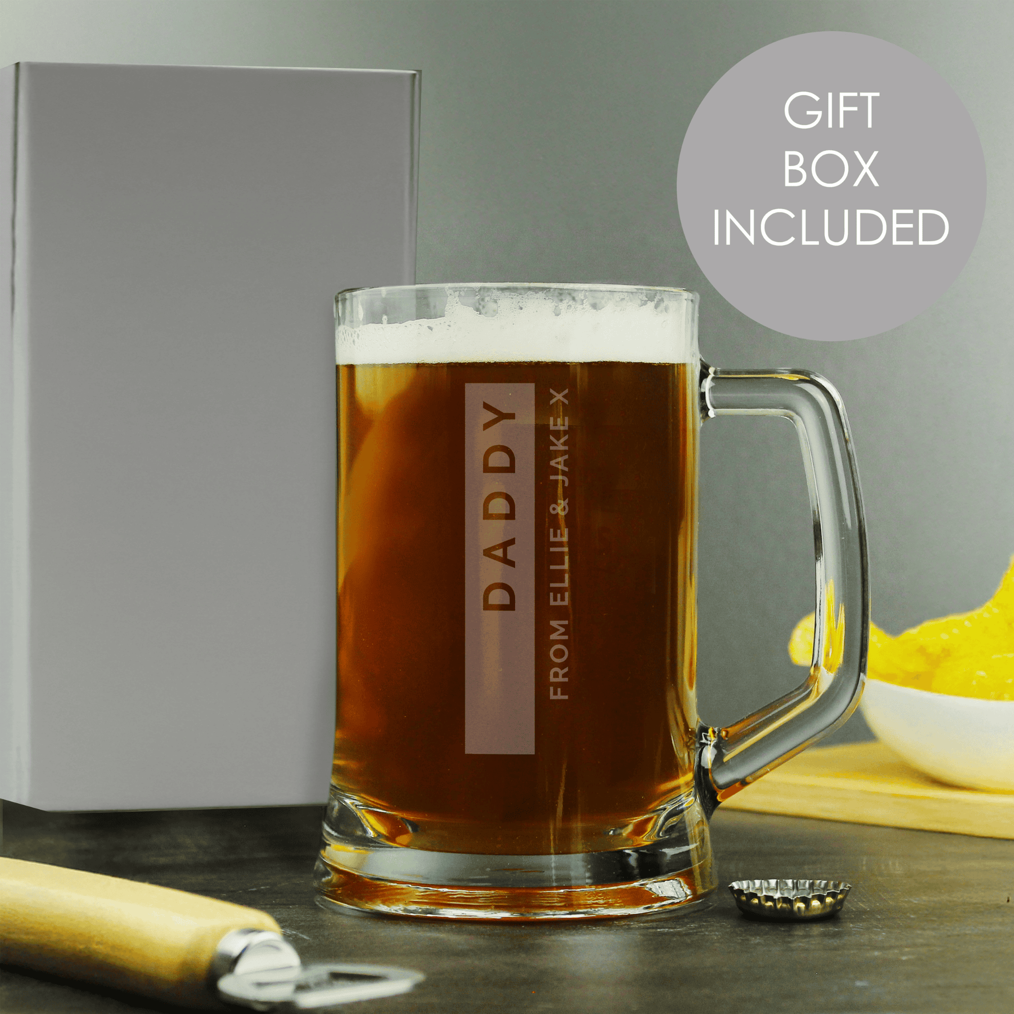 personalised tankard with a name on a strip and a short message underneath, horizontally
