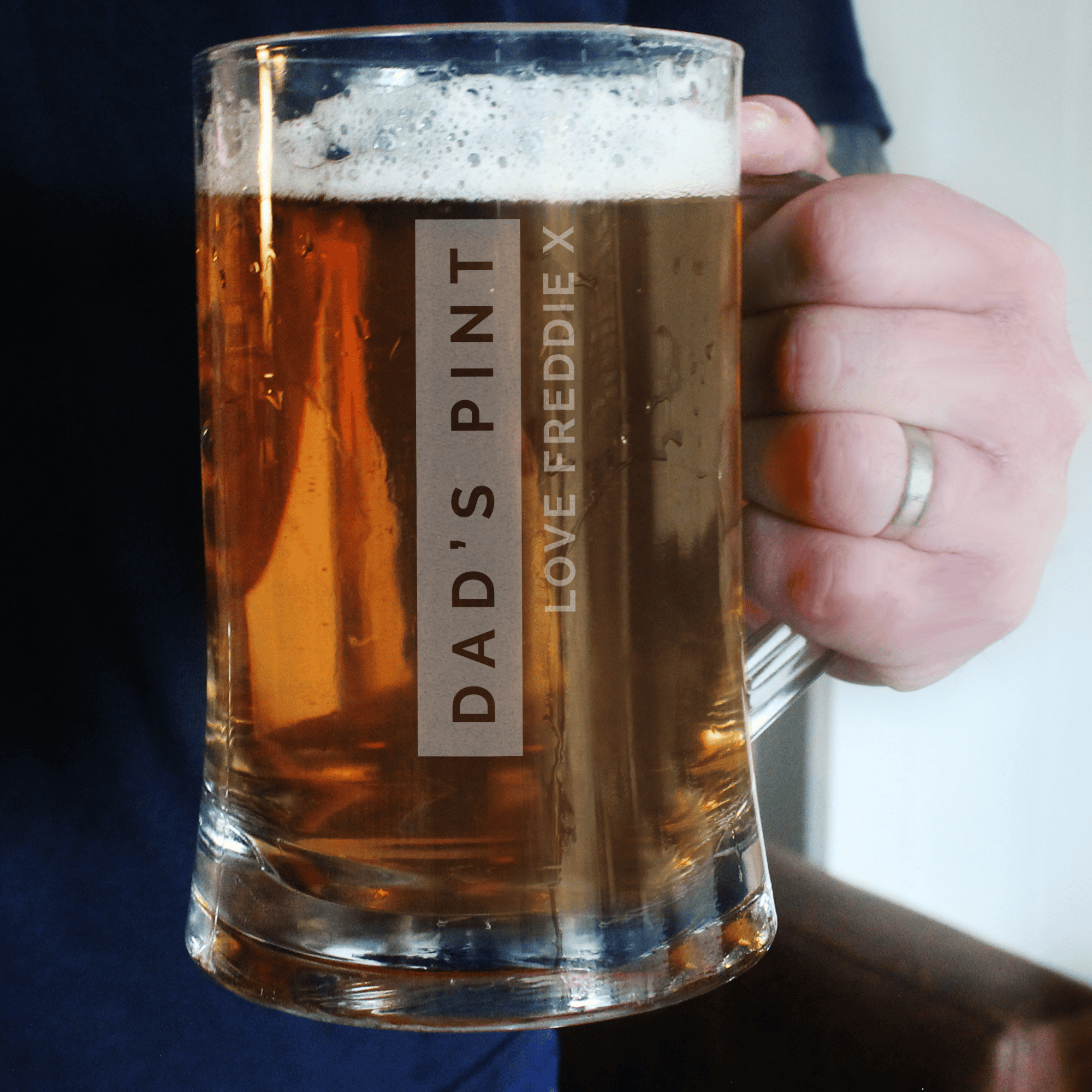 personalised tankard with a name on a strip and a short message underneath, horizontally