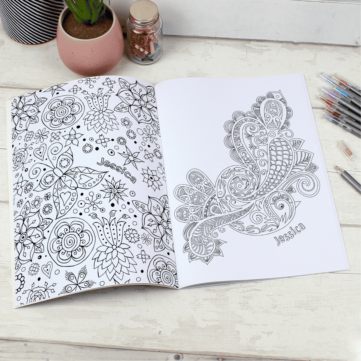 personalised colouring book showing the inside of the book with the chosen name personalised on every page