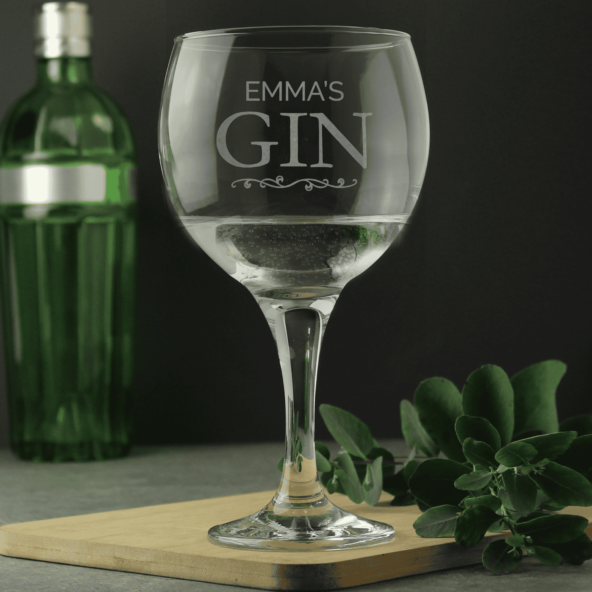 personalised gin balloon glass with the person's name engraved above the word gin