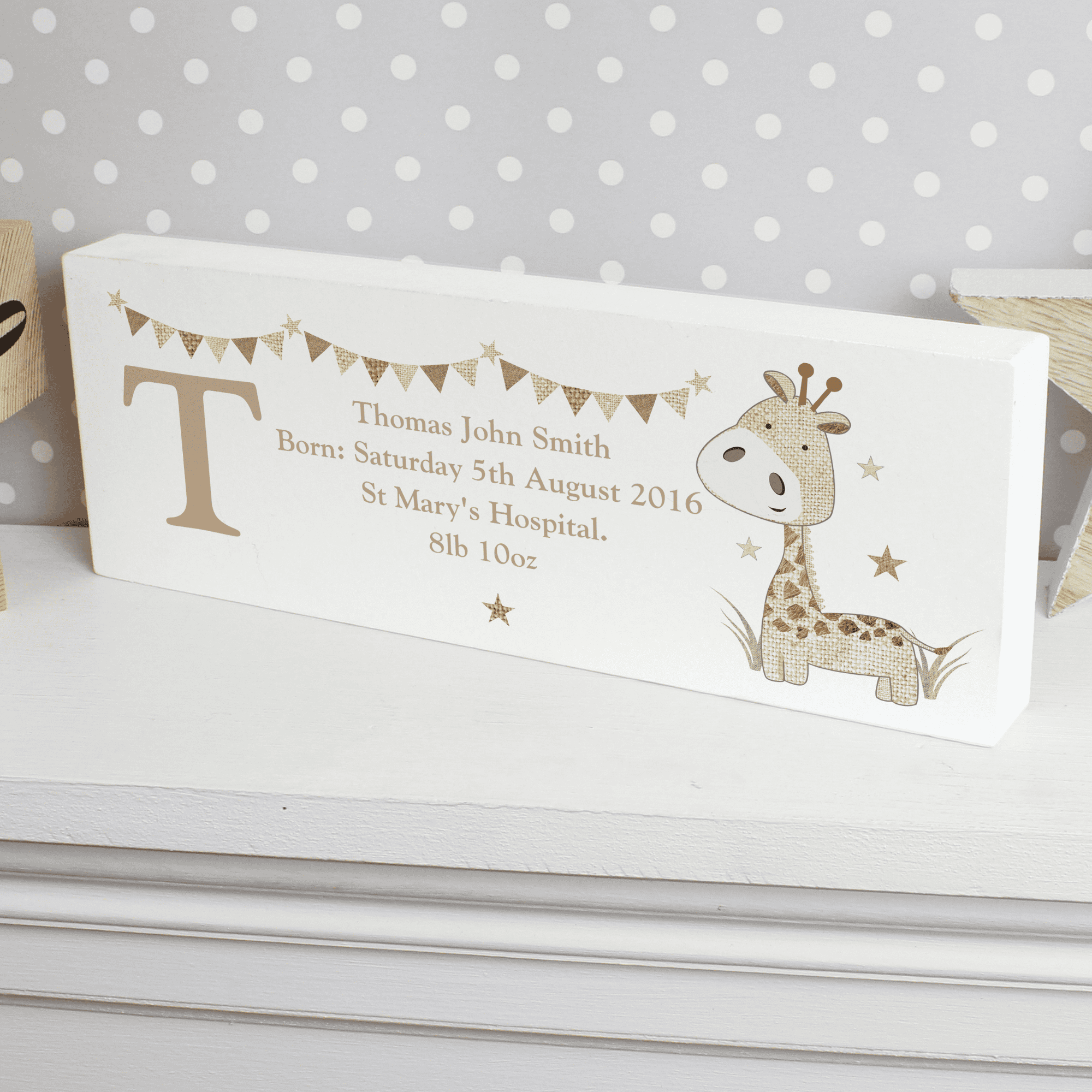personalised giraffe wooden mantle block personalised with an initial and any message over 4 lines