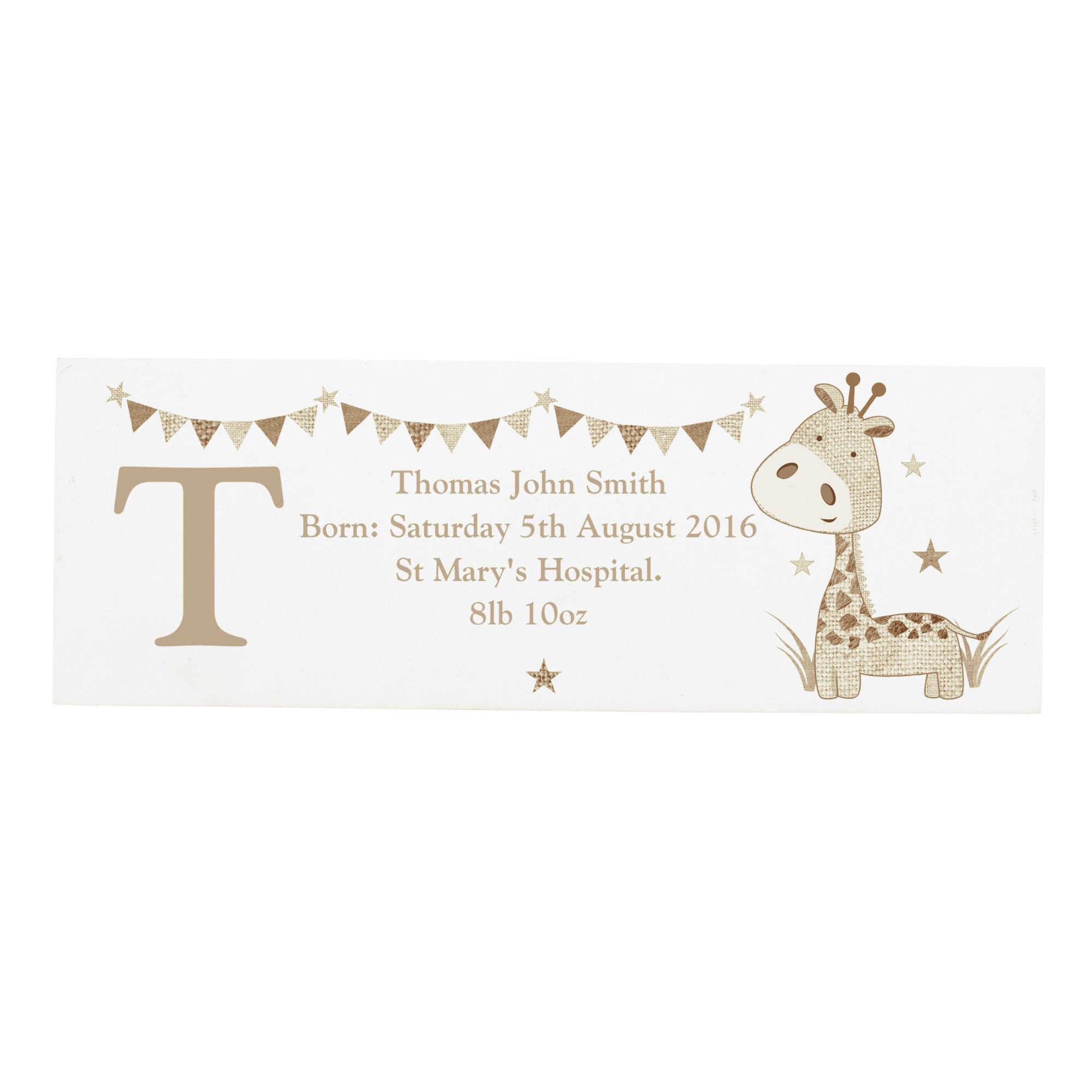 personalised giraffe wooden mantle block personalised with an initial and any message over 4 lines