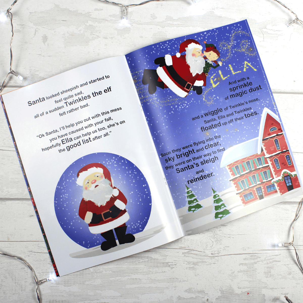 personalised children's christmas book for girls showing the inside pages with the child's name personalised on them