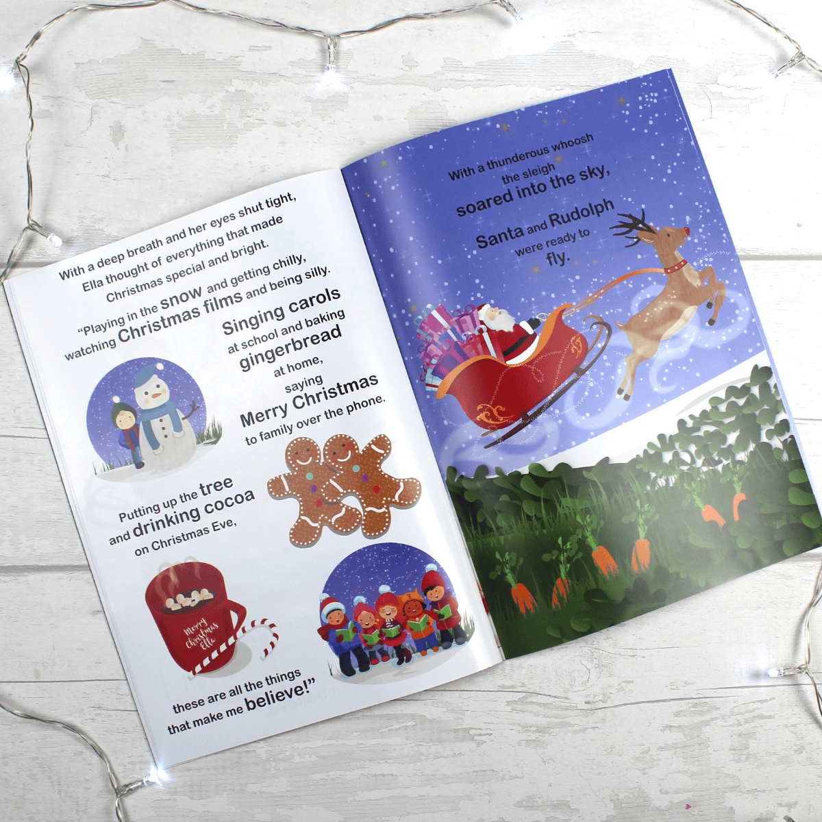 personalised children's christmas book for girls showing the inside pages with the child's name personalised on them