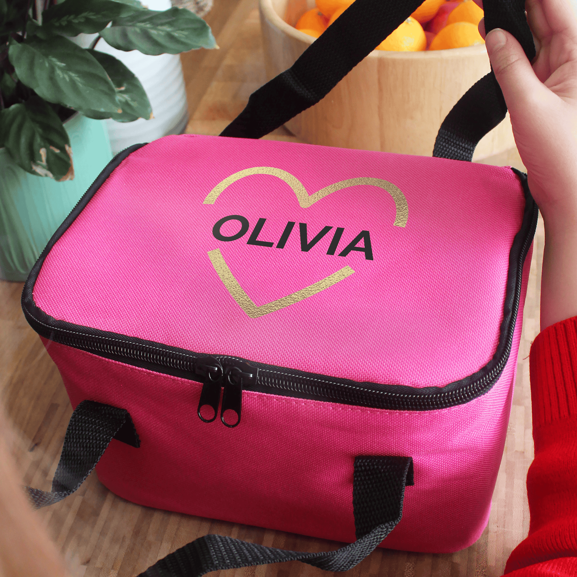 personalised pink packed lunch box with a gold heart and any name personalised on the top