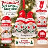personalised gonk christmas tree decoration with names on the hats and a short message underneath