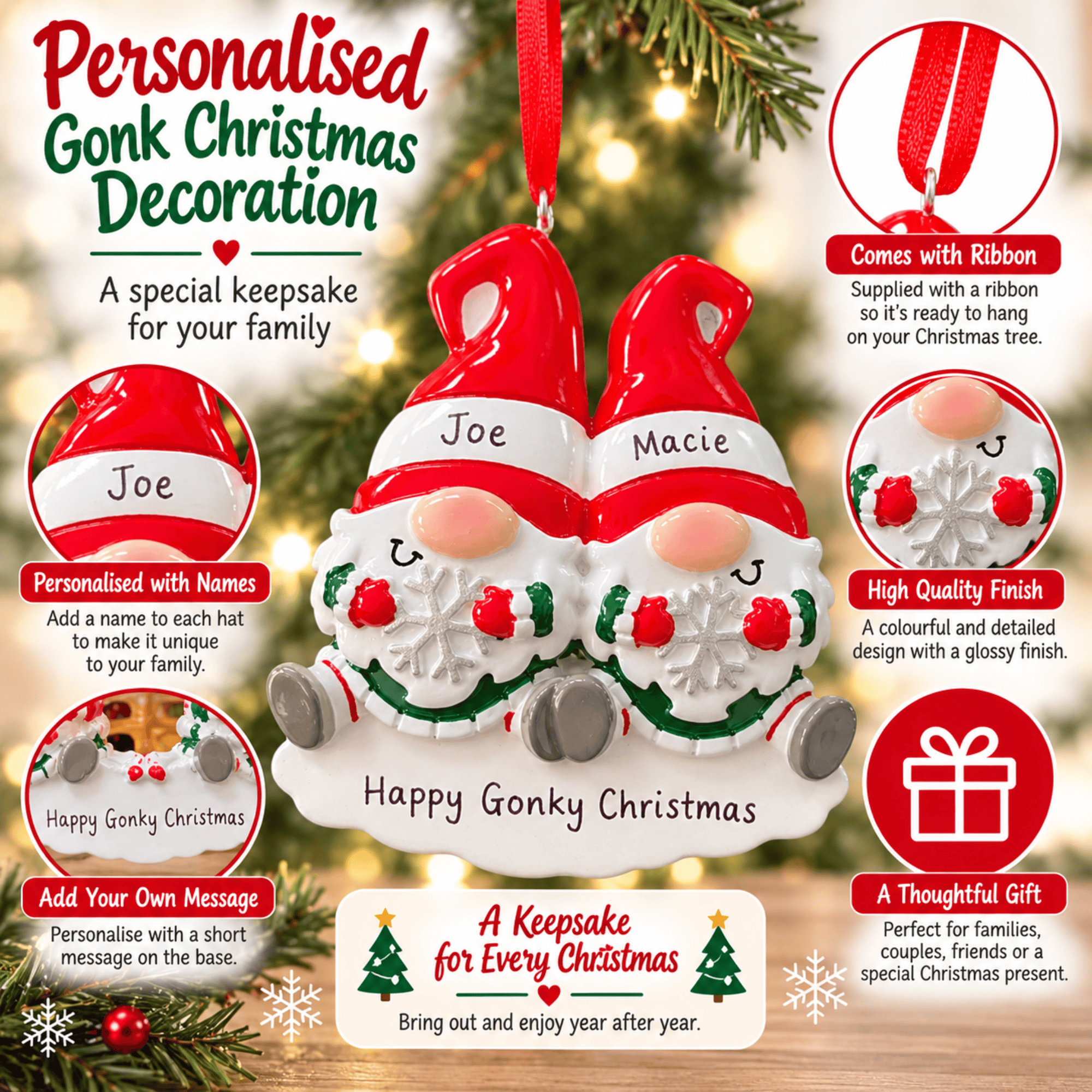 personalised gonk christmas tree decoration with names on the hats and a short message underneath