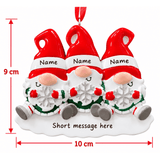 personalised gonk christmas tree decoration with names on the hats and a short message underneath