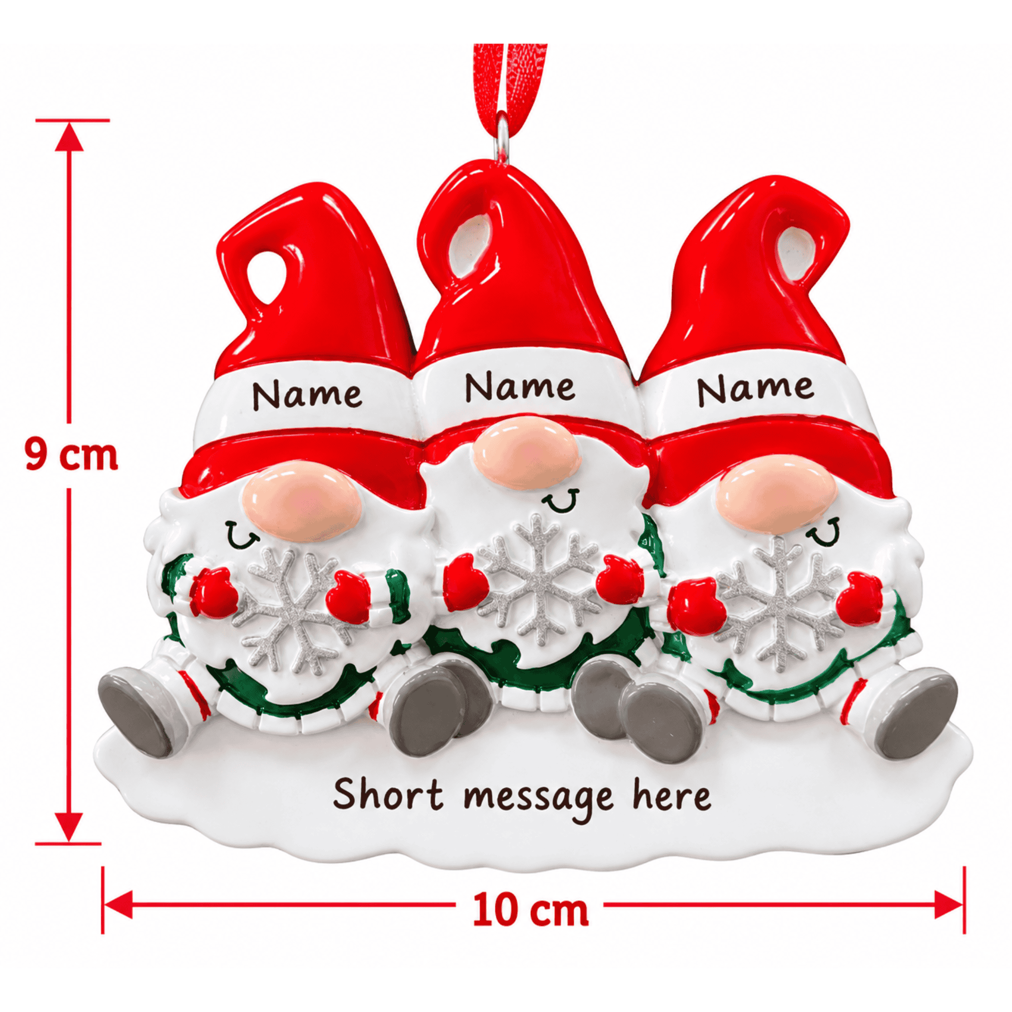 personalised gonk christmas tree decoration with names on the hats and a short message underneath